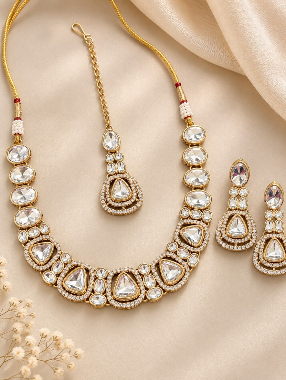 Silver Stone Polki Necklace Set with Earrings & Maang Tikka
